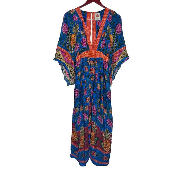 FARM RIO BLUE PINEAPPLE GARDEN CAFTAN MAXI DRESS SIZE XS - Picture 2 of 10